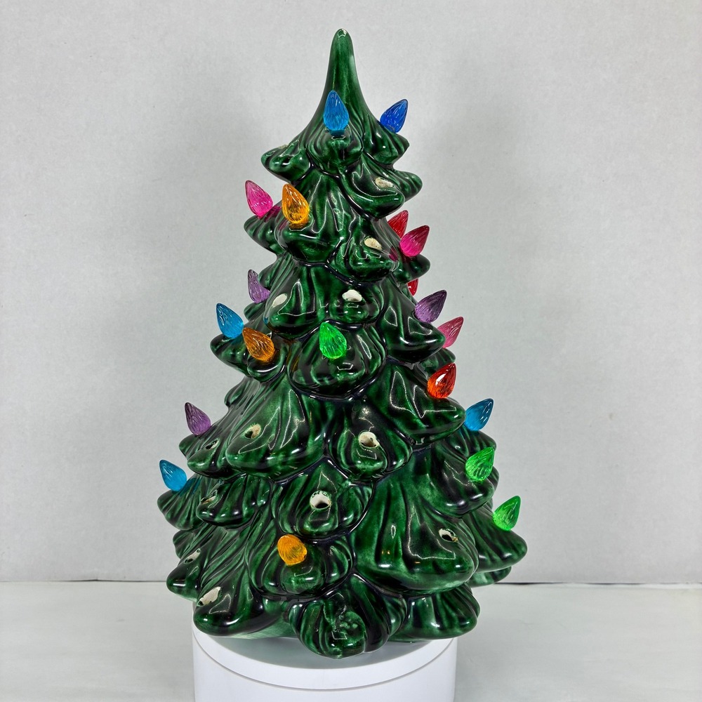 Vintage Ceramic Christmas Tree Green Gloss Multi-Color Lights Tabletop Decor 10"